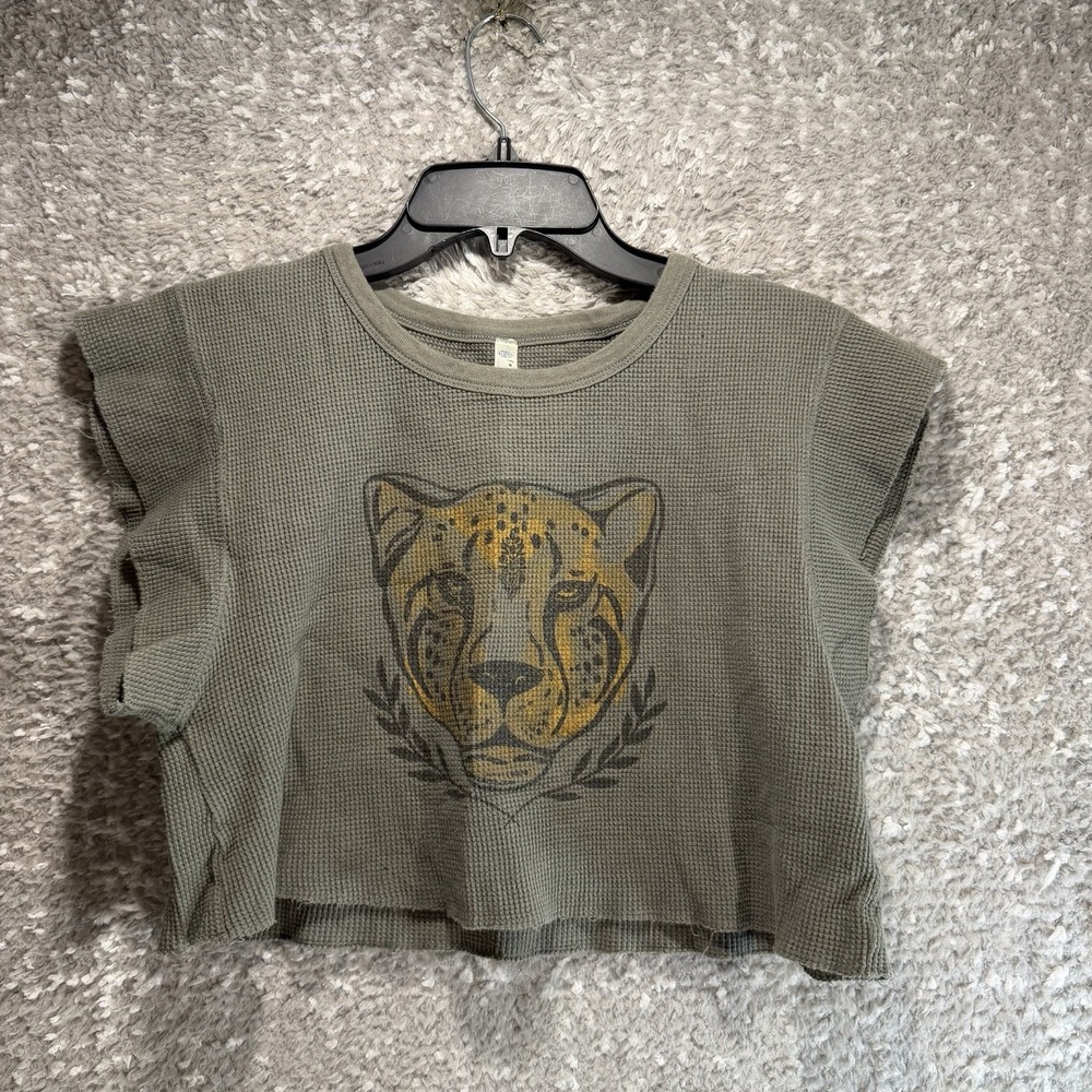 FP Movement Free People Crop Waffle Knit Tee L Green Tiger Print Boho Festival L